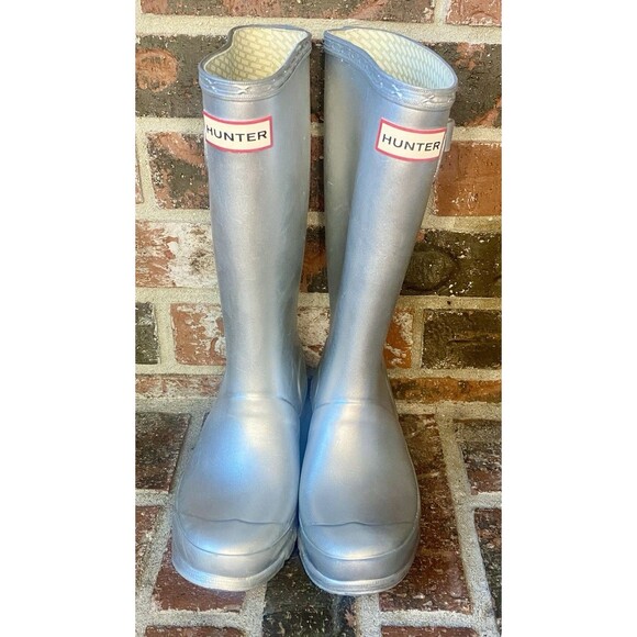 HUNTER Mid-Calf Rubber Rain Boots Silver -Girls 3 - Picture 1 of 12